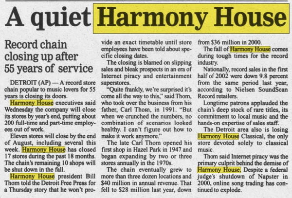 Harmony House Records and Tapes - 18 Jul 2002 Closing Article (newer photo)